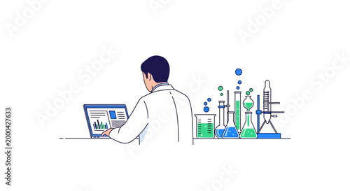 Scientist working on laptop with lab equipment, data analysis, research, and development