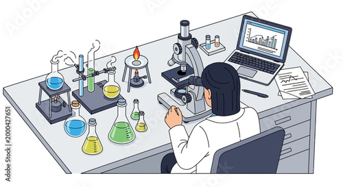 Scientist working with microscope and lab equipment, data analysis on laptop