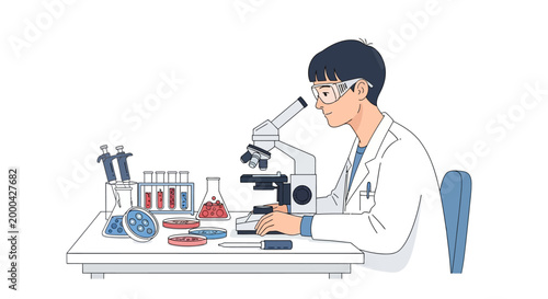Scientist working with microscope and lab equipment, research and development concept