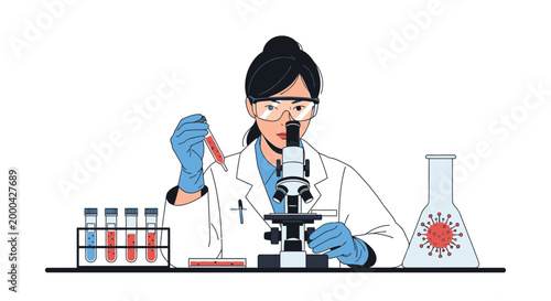 Scientist working with microscope and test tubes in a laboratory, coronavirus research