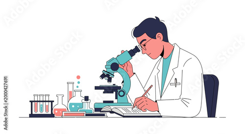 Scientist working with microscope and notebook in laboratory, research and discovery