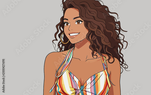 Stylized Portrait of a Smiling Young Curly Haired Woman