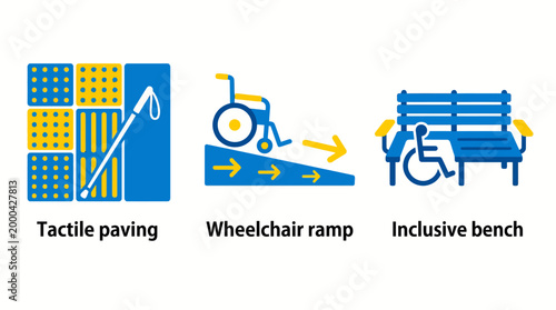 Accessibility symbols tactile paving, wheelchair ramp, and inclusive bench design for universal access