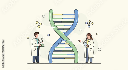 Scientists studying DNA helix, biotechnology research, genetic engineering, molecular biology, lab work