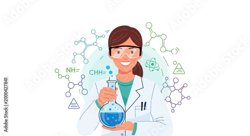 Female scientist in lab coat and goggles holding flask with blue liquid, molecular structures background