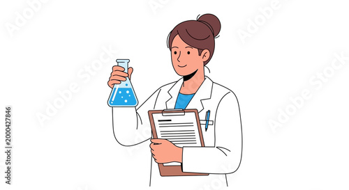 Female scientist in lab coat holding flask with blue liquid and clipboard