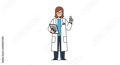 Female scientist in lab coat holding test tube and clipboard, conducting experiment