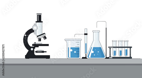 Microscope, Beaker, Flask, Test Tubes: Science Lab Equipment on a Table