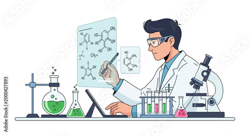 Scientist analyzing chemical formulas on digital screen in laboratory with equipment