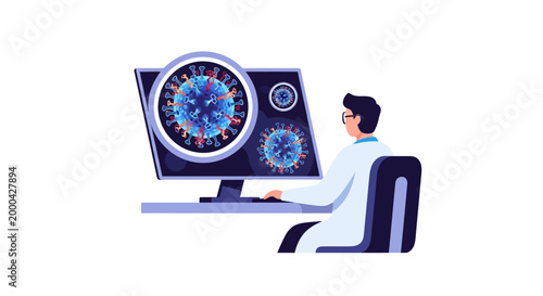 Scientist analyzing coronavirus on computer screen, digital illustration
