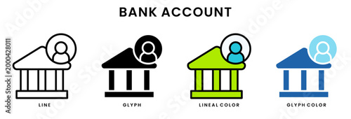 Set of 4 bank account icons line, glyph, lineal color, blue glyph editable including bank building, user profile, financial account, banking service