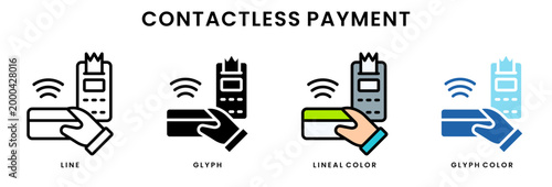 Set of 4 contactless payment icons line, glyph, lineal color, blue glyph editable including hand holding card, POS terminal, wireless signal, tap to pay transaction