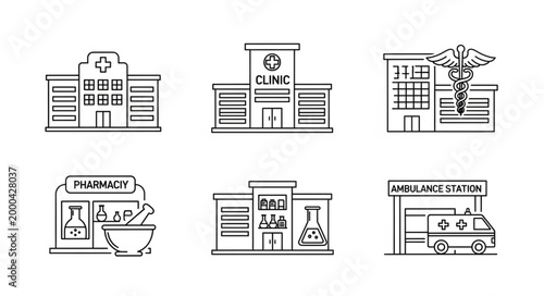 Collection of Medical Buildings and Facilities Icons.