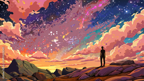 Silhouette of person standing under colorful sunset sky with clouds