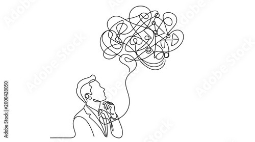 Continuous line drawing of a businessman thinking about complex problems.