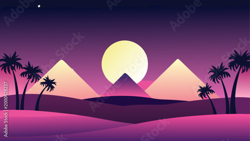 Full moon rising over tropical island with palm trees at night