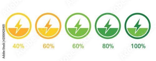 Battery charge indicator icon, colorful phone power symbols, percentage levels 0 to 100 percent, status display, vector illustration