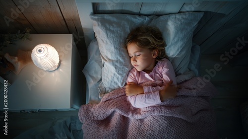 top view of  little girl is sleeping in bed with night light on the bedside table