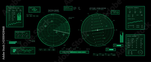 Futuristic Fighter Bomber HUD Cockpit Interface. Military aircraft HUD with radar, attitude, engine telemetry and system control panels for aviation. Futuristic vector GUI, HUD, UI interface.