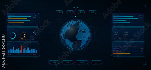 Futuristic Planet Scan Monitoring Interface. Sci-fi dashboard  with showing 3D hologram - Earth Globe scan, atmospheric analysis, orbital data, seismic activity, thermal signatures. Vector HUD, UI