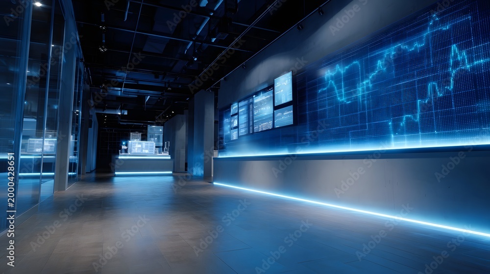 Fototapeta premium A sleek futuristic corporate hallway featuring glowing blue digital data visualizations and advanced technology displays