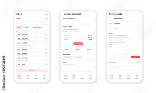Mobile Email App Interface Screens. Clean smartphone UI mockups showing inbox, message detail, attachments and compose screen for email, communication, productivity. Vector App with UI, UX, Kit