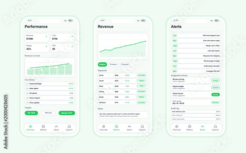 Mobile Business Analytics Dashboard App Screens. Clean mobile UI screens showing performance metrics, revenue trends, segment tables, alerts and suggested actions. Vector App mockup with UI, UX, Kit