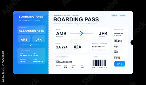 Modern Airline Boarding Pass Ticket Template. Modern airline boarding pass template with route details, passenger info, gate, seat, barcode, boarding stub for airport travel, booking. Vector template