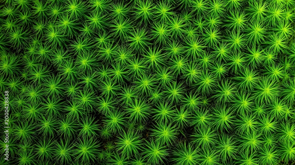 Fototapeta premium Vibrant top-down macro view of lush emerald cushion moss with a dense, organic spiky texture and vivid green tones.
