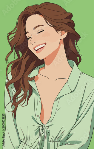 Cheerful young woman with wavy brown hair laughing happily
