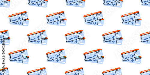 Vector seamless pattern with airplane ticket and boarding pass on white background. Modern aviation travel holiday trip design for airport wallpaper, wrapping paper, fabric, cover print in flat style.