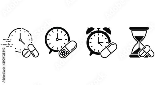 Minimalist vector illustration featuring various timekeeping clocks paired with essential medicinal capsules for daily medication