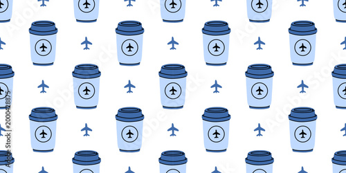 Vector seamless pattern with travel coffee cup and small airplane icon on white background. Modern airport cafe takeaway drink design for travel lover wallpaper, wrapping paper, textile, cover print.