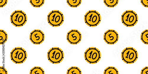 Vector seamless pattern with yellow game chip bearing bold black number on white background. Repeating casino and board game design for wrapping paper, fabric and digital wallpaper. Repeat print.