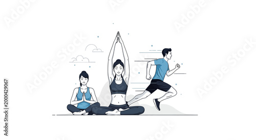 Flat vector illustration of people meditating and exercising