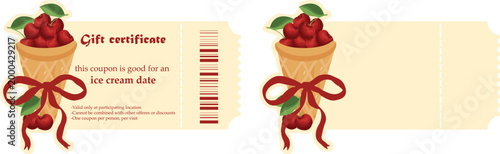 set of discount coupon templates with fresh cherries in waffle cups and a red bow, for printing, discounts and ice cream certificates