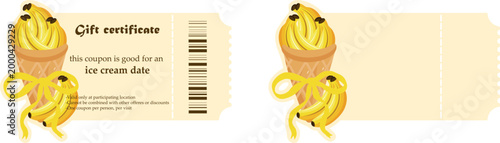 set of discount coupon templates with yellow ripe bananas in waffle cups and a yellow bow, for printing, discounts and ice cream certificates