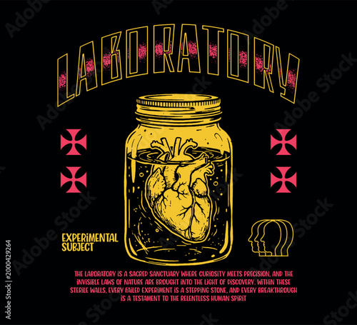 laboratory typography with distorted hearts in a jar for fashion graphics, streetwear, hoodie, t-shirt prints, and more