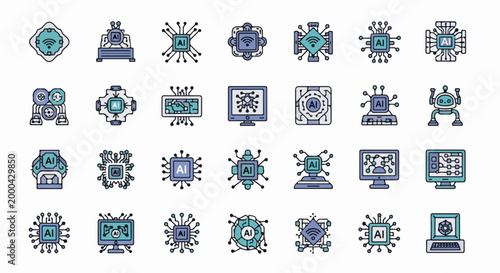 Diverse AI icons featuring processors, circuits, robots, and wireless signals in blue and teal