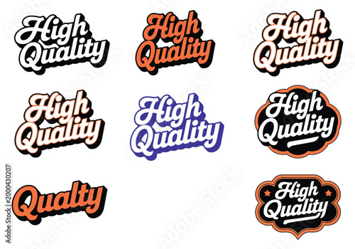 Set of retro high quality labels and badges vector isolated on white background, featuring old-style emblems, ornate borders, and typography-based stamps representing premium quality, authenticity