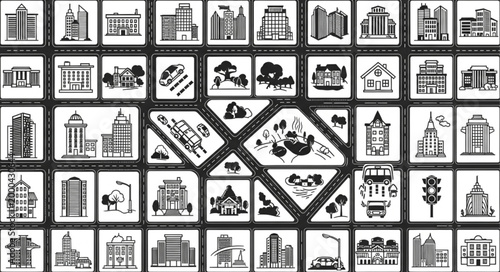 Collection of Diverse Architectural Building Icons and Symbols.