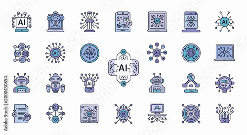 AI icons robots, neural networks, processors, computers, and charts