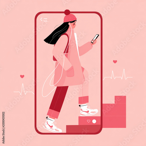 Woman walks outdoors while using smartphone with heart and step tracker icons on screen.