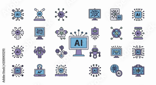 Collection of stylized AI icons depicting circuits, robots, and computer displays