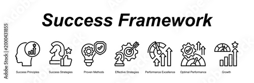 Success Framework banner web icon vector illustration concept with an icon of business with icon of Success Principles, Success Strategies, Proven Methods, Effective Strategies, Performance Excellen.