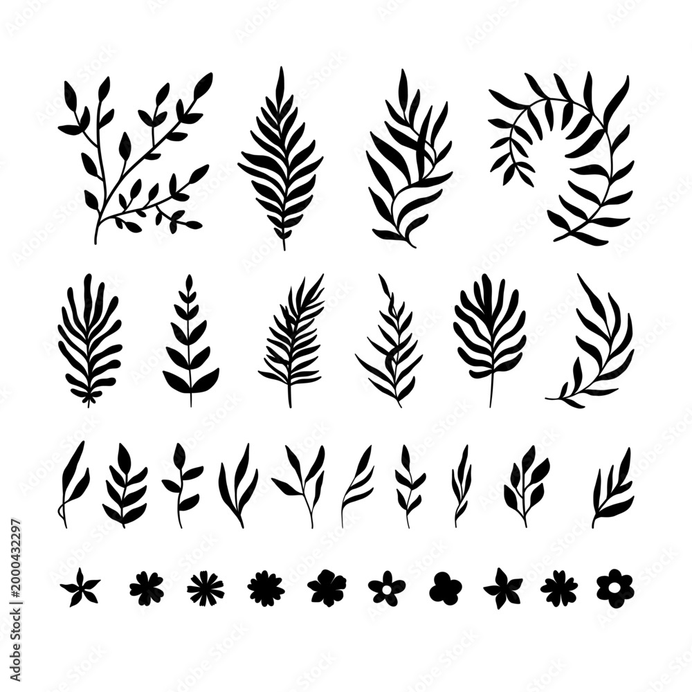 Fototapeta premium Floral Doodle Vector Set, Organic Botanical Elements, Hand Drawn Flowers and Leaves Illustration