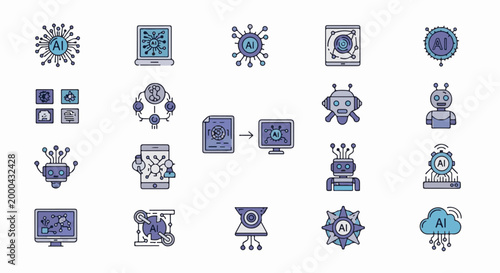 Collection of stylized icons representing artificial intelligence concepts and elements (2)