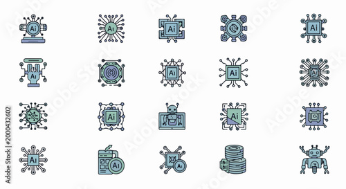 A collection of stylized icons representing artificial intelligence concepts, circuits, and robots (1)