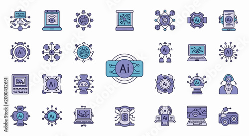 A collection of icons representing artificial intelligence concepts, featuring circuits, processors, and robots