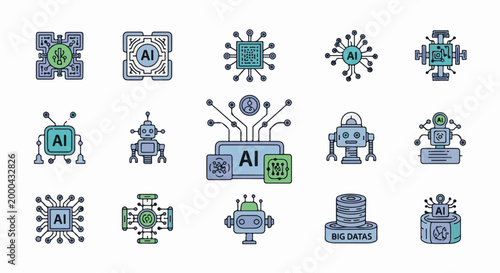 Collection of stylized AI and robotic icons